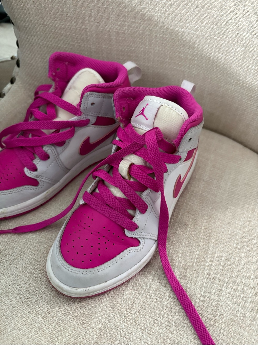 Jordan Kids High-Top Sneakers in White & Bright Pink